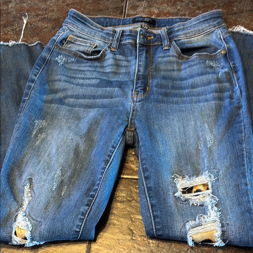 Judy Blue SkinnyJeans Blue Distressed with Leopard Print Sz 7/28